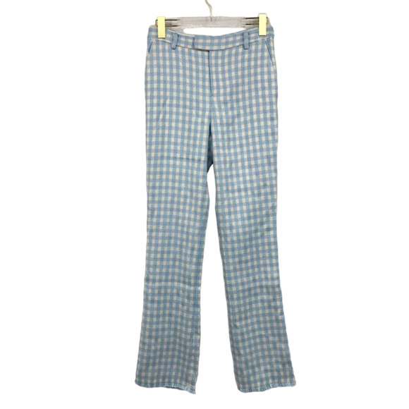 Assignment Chloe Gingham Trouser Pants S High Rise Frayed Trim Pockets Blue NWT - Picture 1 of 5